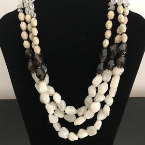 3 Row Assorted Gemstones Necklace, White Agate, Smoky Quartz, Crystal Quartz, Ceramic Art Beads image 3