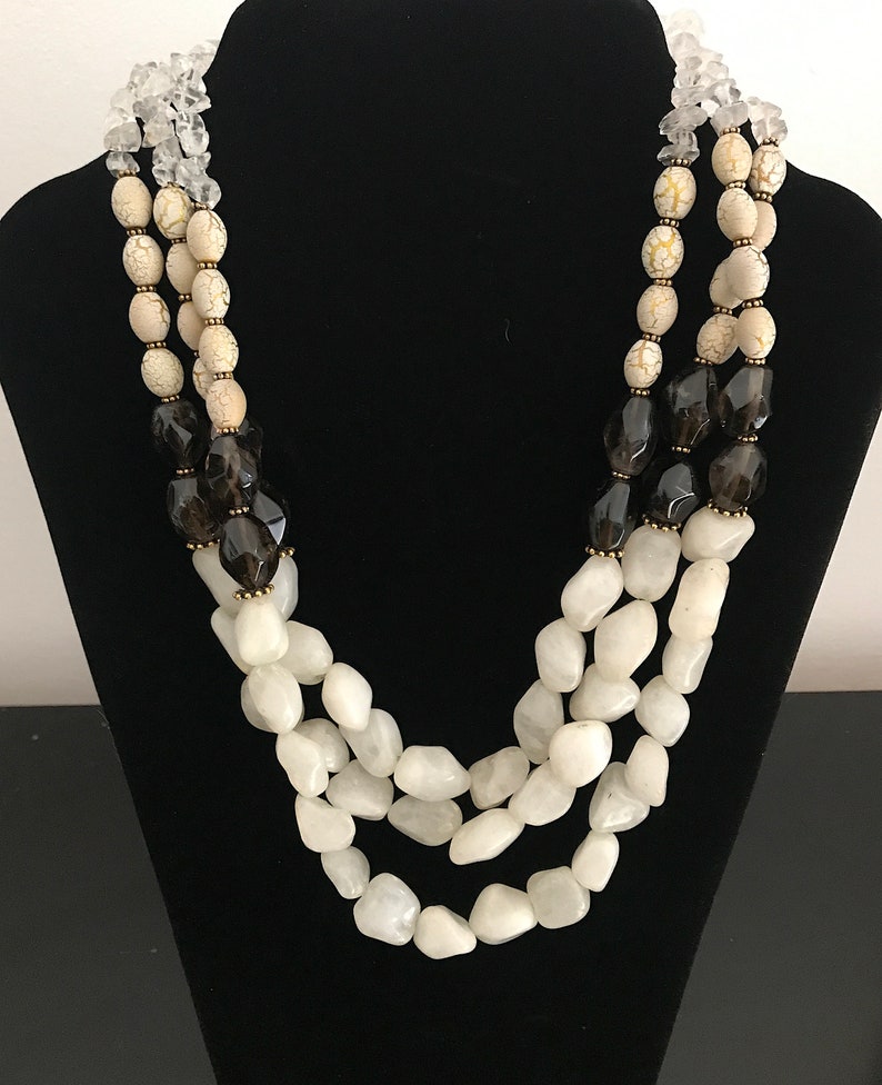 3 Row Assorted Gemstones Necklace, White Agate, Smoky Quartz, Crystal Quartz, Ceramic Art Beads image 3