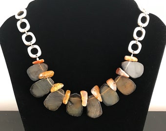 Assorted Agate Gemstones and Silver Chain Necklace, Slab Agate, Brown-Grey, Orange