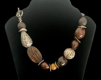 Wooden Beads, Kukui Nut Beads and Antique Silver Accents Necklace