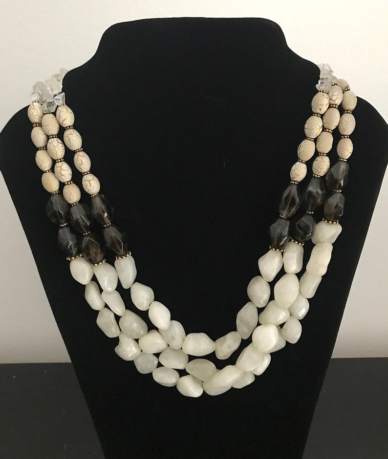 3 Row Assorted Gemstones Necklace, White Agate, Smoky Quartz, Crystal Quartz, Ceramic Art Beads image 1
