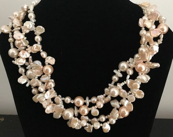 Four Row Pale Cream-Pink Mixed Pearls (Freshwater, Cultured, Keshi and Swarovski)  Necklace, Wedding