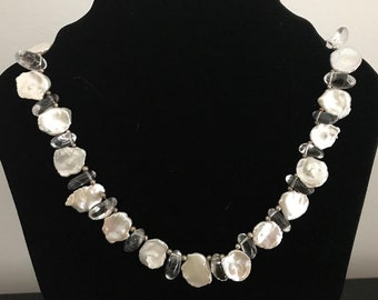 Keshi Petal White Pearls and Natural Quartz Beads Necklace, Sterling Silver Clasp, Wedding Jewellery