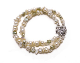 Natural Freshwater and Keshi Pearls Bracelet, White, Grey, Cream, Silver Crystal embellished Heart Clasp. Wedding