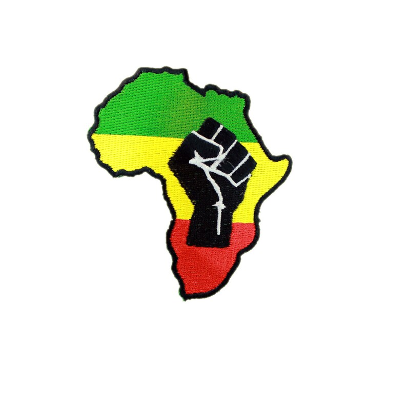 Rasta Green Yellow Red Black Power Fist Symbol in Africa Map Large Embroidered Iron or Sew on Patch-1 or 2 Pieces Deal
