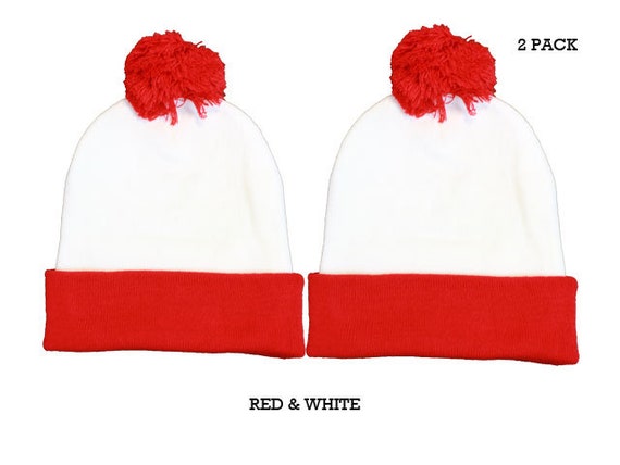 red and white pom pom hat
