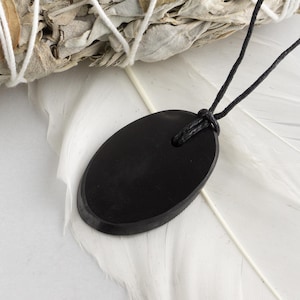 Oval Shungite Pendant / Shungite Type 2 / Natural Hard Stone Necklace with Black Cord / Black Circle Pendant - Necklace
