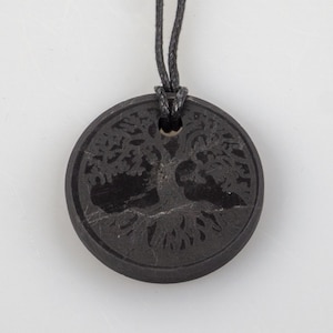 Engraved Shungite Pendant Tree of Life Symbol / Shungite Type 2 / Natural Hard Stone Necklace with Cord / Black Pendant, Necklace