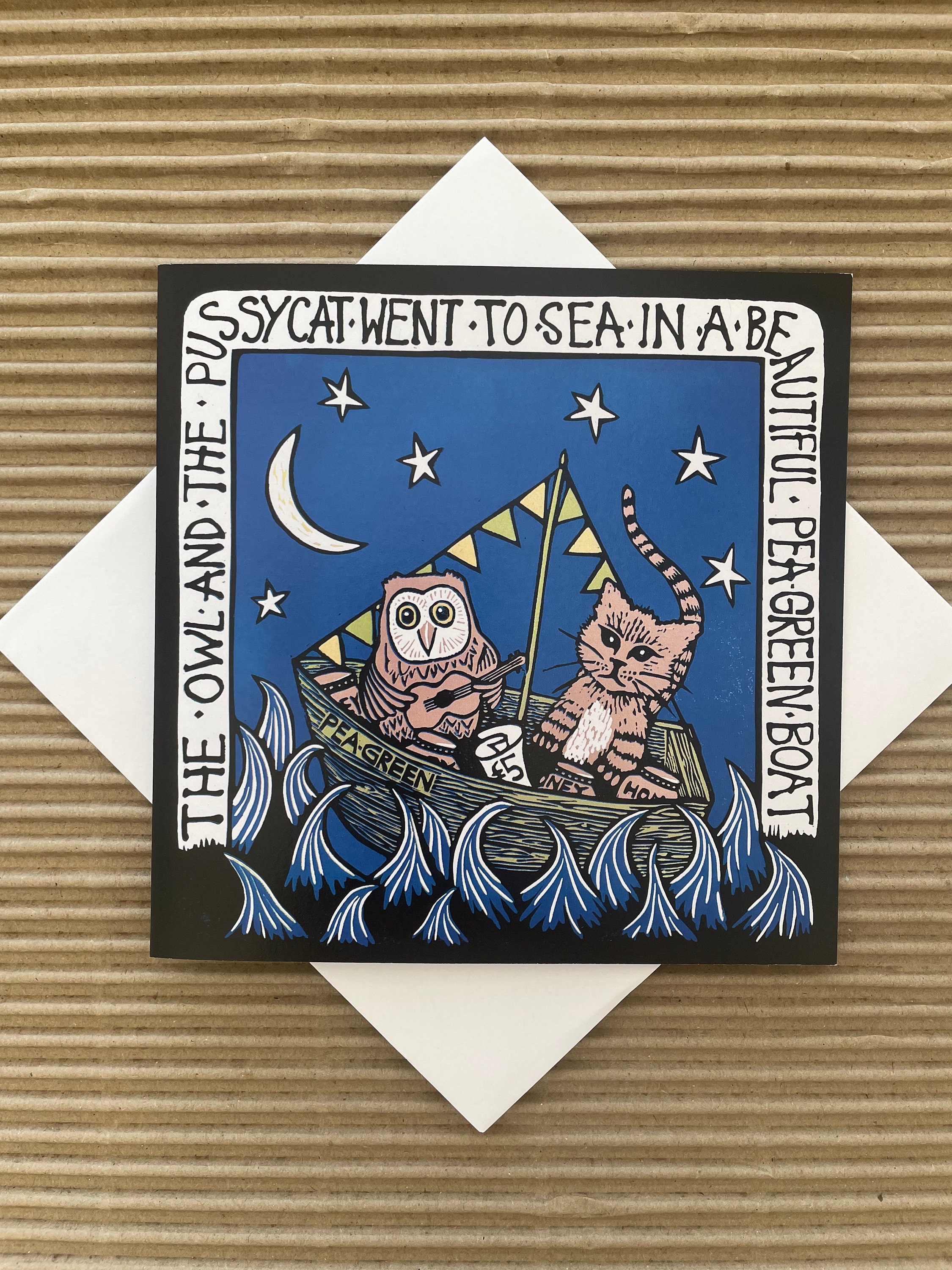 Owl and the Pussycat Linocut Greetings Card, Blank Recycled Card