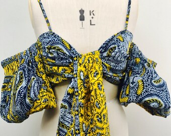 African Print Cropped Tie Front Top
