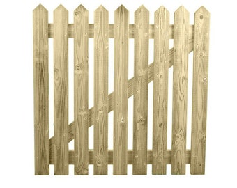 May include: A wooden gate with a diagonal slat design. The gate is made of natural wood and has a light brown colour.