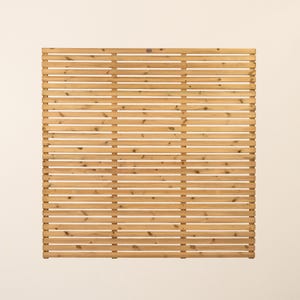 May include: A square wooden garden screen featuring horizontal wooden slats. The natural wood has a light brown hue with visible grain and knots. The screen is designed for outdoor use, offering privacy and a decorative feature for gardens.