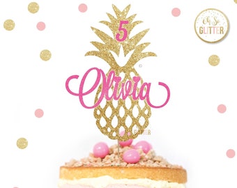 Pineapple cake topper, Birthday, Gold cake topper, glitter cake topper, custom, personalised, 5,6,7,8,9, tropical flamingo customised