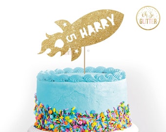 Harry 5 Rocket, birthday, Gold cake topper, glitter cake topper, custom, personalised, 1,2,3,4,5,6, rocket,any name, any colour,any age