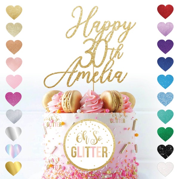 Glitter cake topper custom customised Happy birthday any Age Name colour topper, cupcake gold pick italic swirly personalised