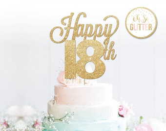 Happy 18th cake topper, anniversary, birthday, gold cake topper, glitter cake topper, custom, personalised, 18, 21, 30, 40 any number colour