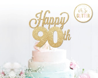 Happy 90th cake topper, anniversary, birthday, gold cake topper, glitter cake topper, custom, personalised, 16, 21, 30, 40 any number colour