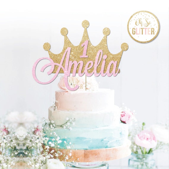 Personalised Custom Glitter Princess Crown Name & Age Girls Birthday Cake Topper