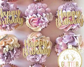 Happy Birthday cupcake toppers, mum sister cake topper, glitter topper, personalised topper customised topper, flower topper decor any words