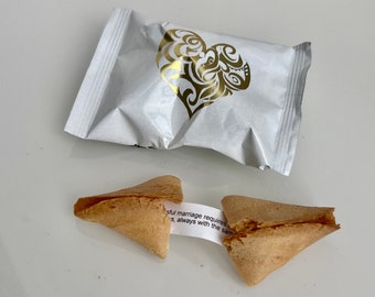 20 Wedding Fortune Cookies Wrapped in White Foil with Gold Damask Heart