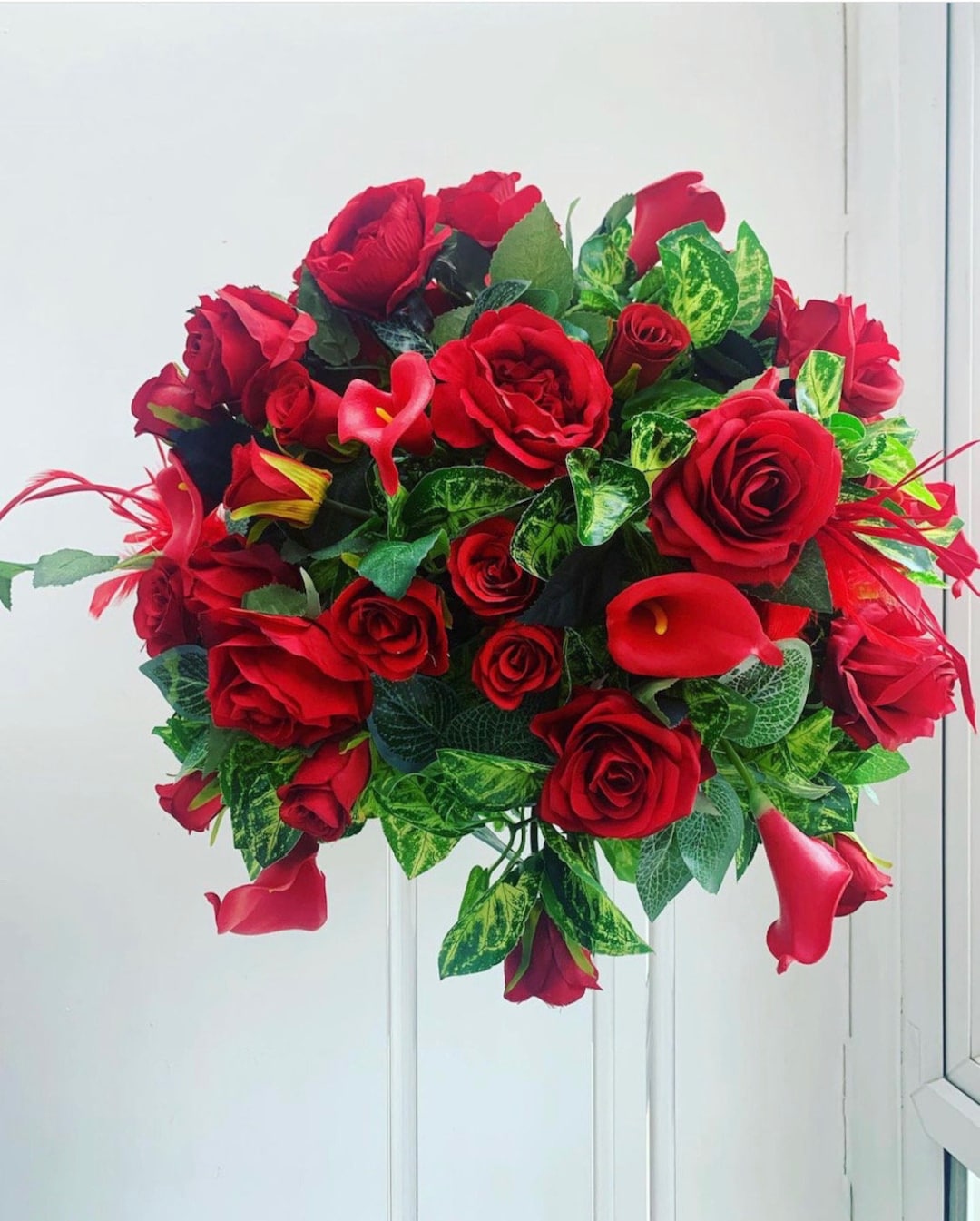 Red Rose and Lilly Flower Arrangement, Wedding Flower Decor, Artifical