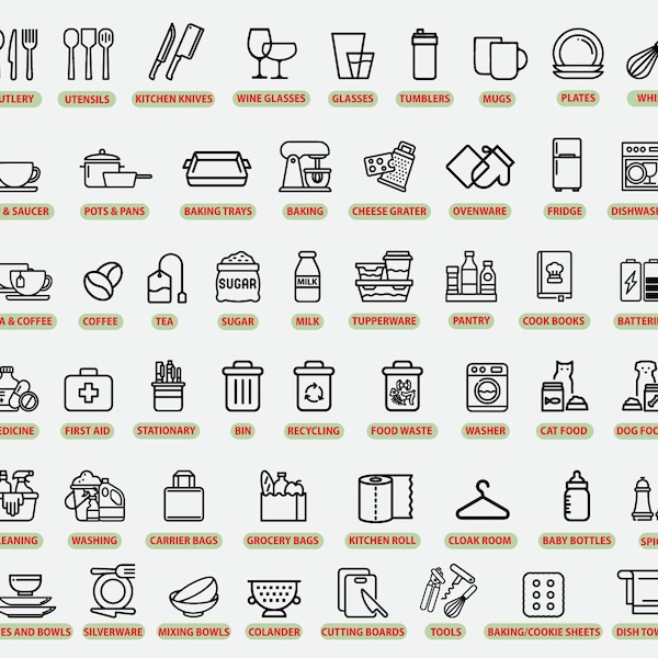 Small Elegant Kitchen Utensil Icon Decals, Kitchen Icons Stickers, Kitchen Organizing Labels, Kitchen Cabinet Label Decals