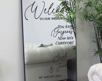 Bem-vindo ao nosso decalque de espelho para selfie de casamento, adesivo de boas-vindas personalizado para casamento, decalque de espelho para casamento, placa de recepção, SOMENTE DECALQUE personalizado