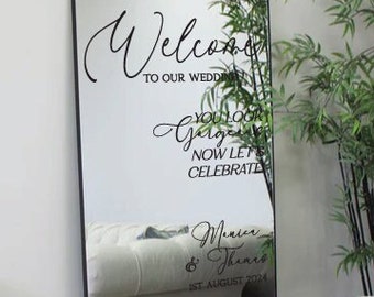 Bem-vindo ao nosso decalque de espelho para selfie de casamento, adesivo de boas-vindas personalizado para casamento, decalque de espelho para casamento, placa de recepção, SOMENTE DECALQUE personalizado