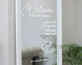 Bem-vindo ao nosso decalque de espelho para selfie de casamento, adesivo de boas-vindas personalizado para casamento, decalque de espelho para casamento, placa de recepção, SOMENTE DECALQUE personalizado