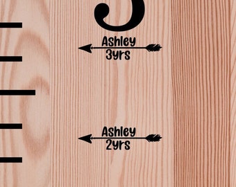 Growth Chart Add-On, Vinyl Decal Height Marker, Arrow with Name and Years, Custom Years Stickers, Birth day to 18yrs, 20 pcs