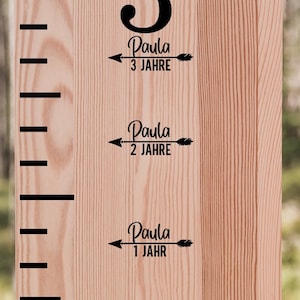 Complemento de gráfico de crescimento ALEMÃO, marcador de altura de decalque de vinil, seta com nome e anos, adesivos de anos personalizados, dia de nascimento até 18 anos, 20 unidades