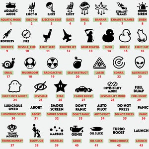 Puede incluir: Un gráfico con 43 iconos en blanco y negro que representan diferentes modos de juego. Cada icono está numerado del 1 al 43. Los iconos incluyen un submarino, un cohete, un caracol, un fantasma, una estrella, un coche, un pato, un hongo, un gato, una bomba, un láser, un sonar, un extraterrestre, una parca, un vertedero de combustible, una pantalla de humo, un genio, un mono de baúl, un trabajo de soplo, una canica, y más.