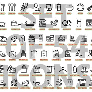 SET of 54 Small Elegant Kitchen Utensil Icon Decals, Kitchen Icons Stickers, Kitchen Organizing Labels, Kitchen Cabinet Label Decals