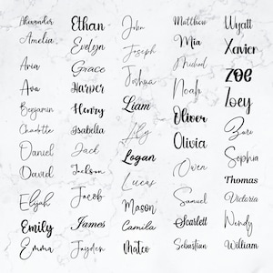 May include: A selection of names in a handwritten script, including "Alexander," "Ethan," and "John," set against a marble-effect backdrop. The names are presented in an elegant, cursive font, suitable for personalised gifts or home decor.