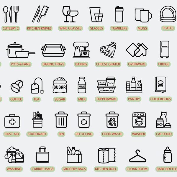 Décalcomanies d'icônes d'ustensiles de cuisine, Autocollants d'icônes de cuisine, Étiquettes de rangement pour la cuisine, Stickers d'armoires de cuisine