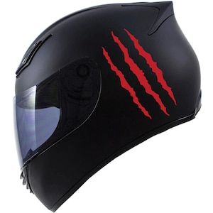 Peut inclure: Casque de moto noir avec un autocollant de griffe rouge sur le côté.