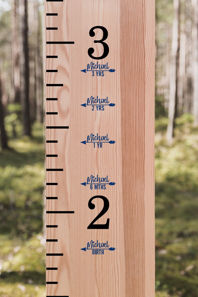 Op de afbeelding: Een houten groeimeter met zwarte markeringen en blauwe tekst. De meter is gelabeld met de naam "Michael" en de leeftijden "Geboorte", "6 MTHS", "1 YR", "2 YRS" en "3 YRS".