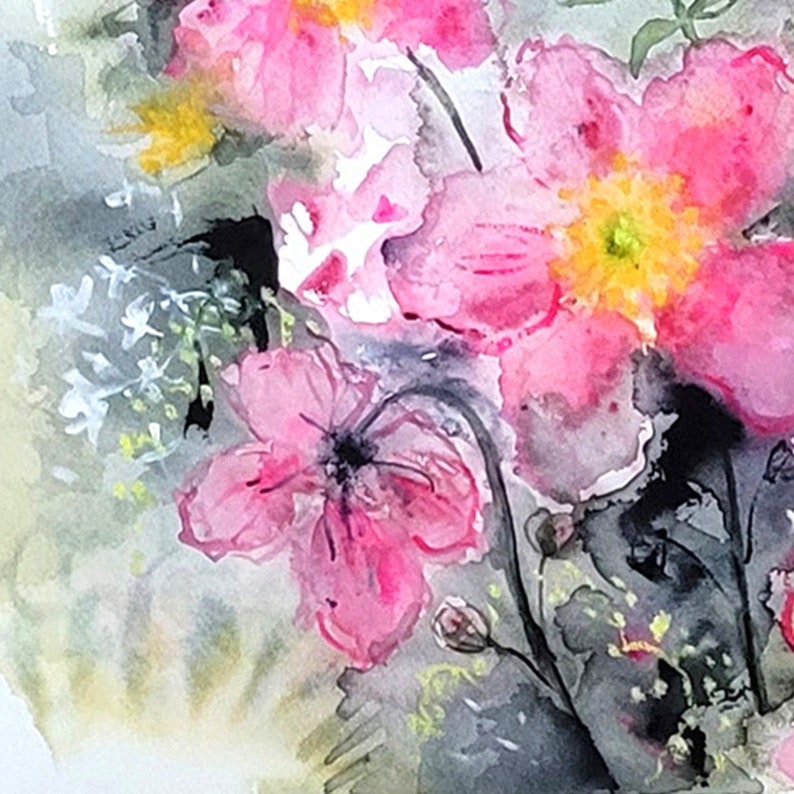 Pink And Yellow Summer Original Watercolor Painting zdjęcie 5