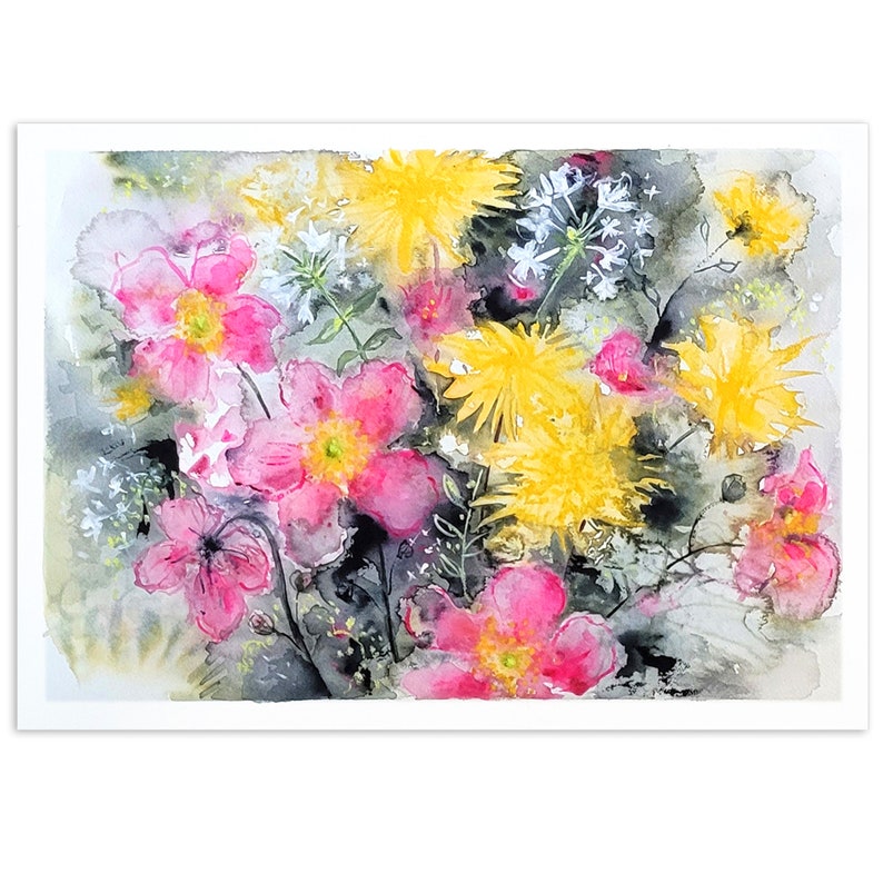 Pink And Yellow Summer Original Watercolor Painting image 1