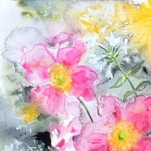 Pink And Yellow Summer Original Watercolor Painting zdjęcie 4