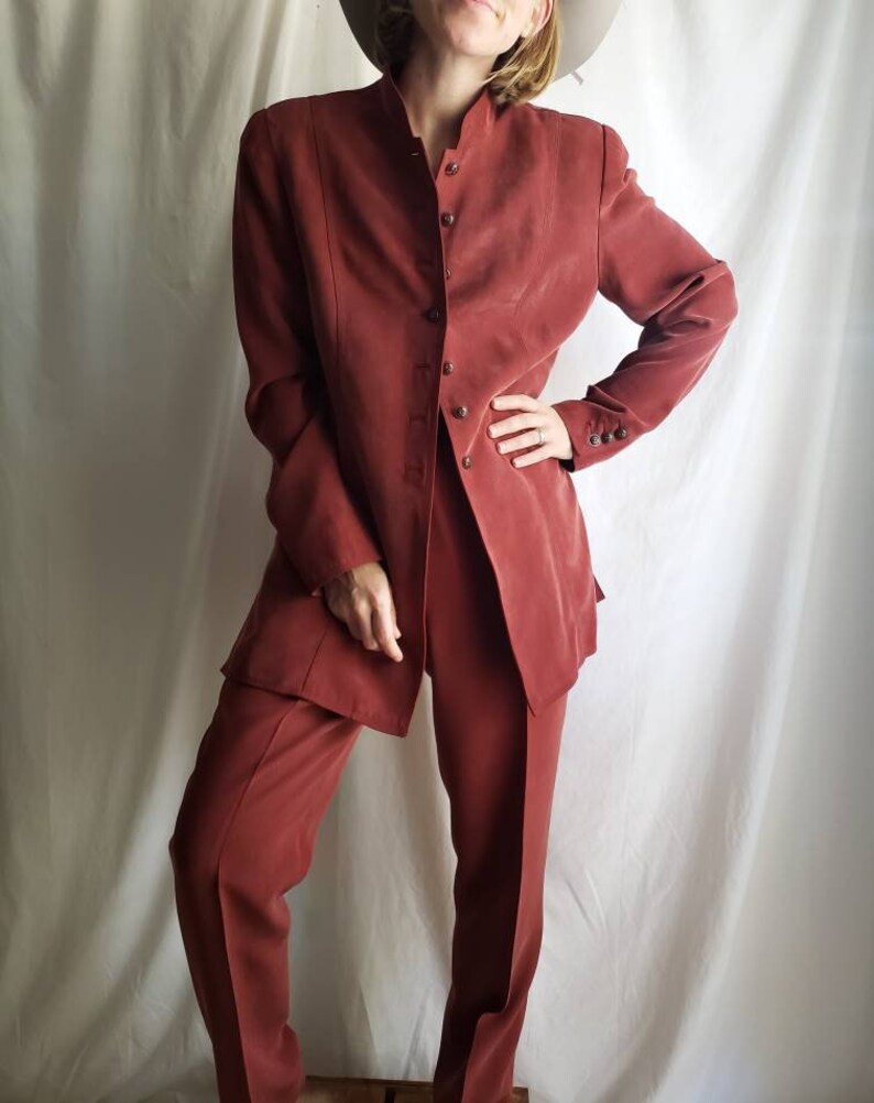 Vintage Katherine Kelly Rust Colored Silk 2 Piece Suit
