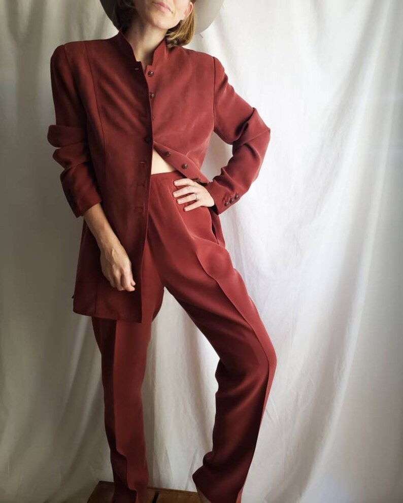 Vintage Katherine Kelly Rust Colored Silk 2 Piece Suit