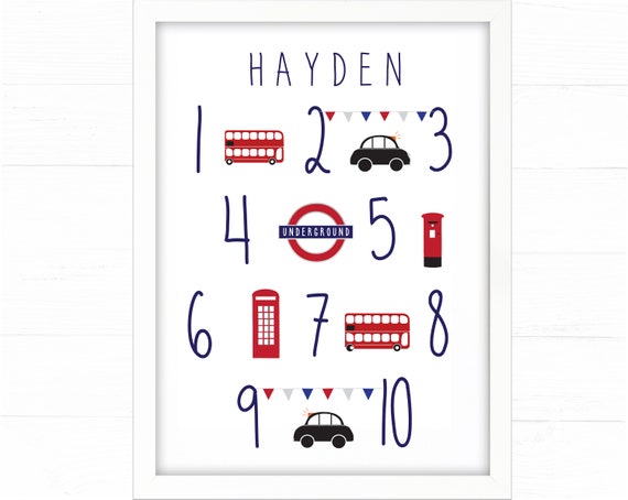 Boys London Numbers Print Nursery Decor Wall Art Transport City Bedroom Decor Any Name Personalised Red Bus Taxi Double Decker