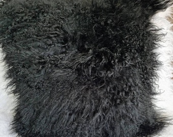 Funda de cojín grande de piel de oveja, cojín de piel mongola negro