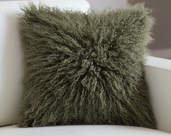 Olive Green Mongolian Sheepskin Fur Cushion Made To Order Custom Sizes Double/Single Sided Fur
