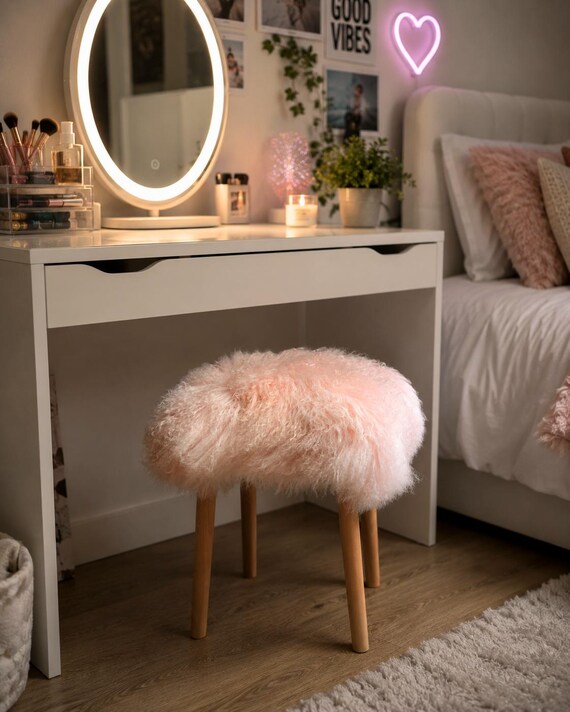 pink fluffy stool for dressing table Foot Stool Dressing Table Fluffy Stool Fuchsia Light Pink Sheepskin Vanity Stool With Wooden Legs