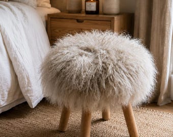 Sheepskin Fur Footstool with 100% Genuine Mongolian Sheepskin Dove Gray Handmade Lamb Fur Stool