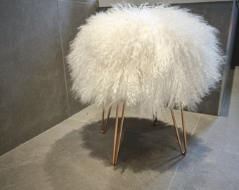 Sheepskin fur stool with metal legs designer stool with fur Mongolian lambswool stool