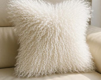 Large Mongolian Sheepskin Fur Cushion White