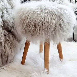 100% Mongolian Sheepskin Fur Stool with Wood Legs, Choice of Colors.